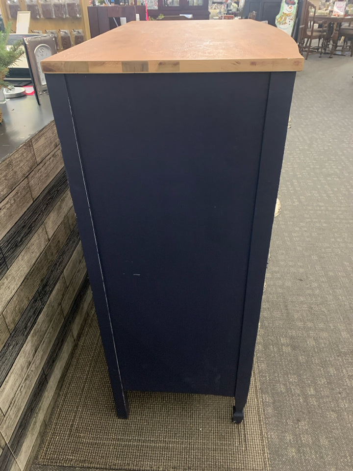 DARK BLUE DRESSER W/WOOD TOP 4 DRAWERS.