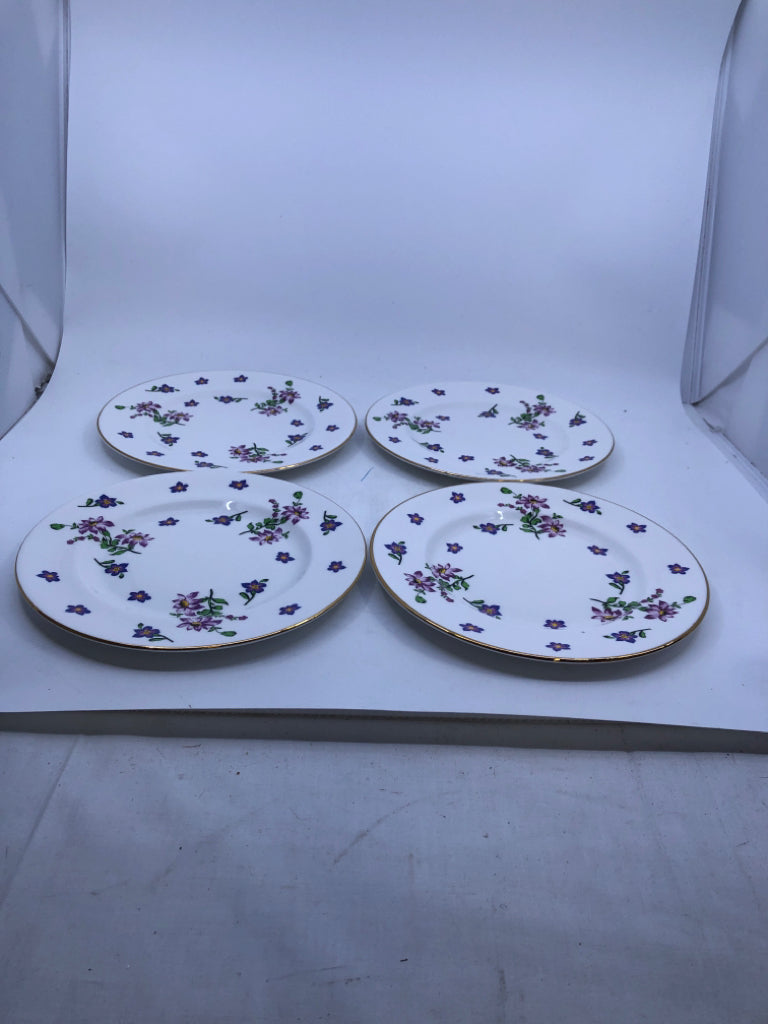 4 VTG LUNCH PLATES W/ PURPLE FLOWERS GOLD EDGE.