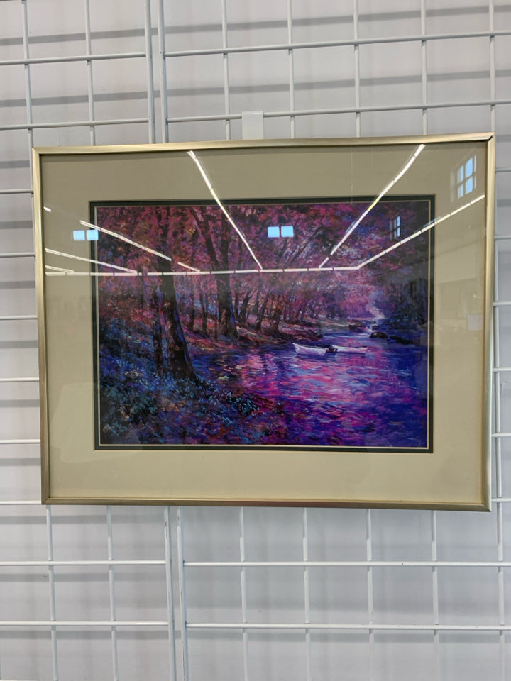 FRAMED PURPLE FLORAL LANDSCAPE PRINT.
