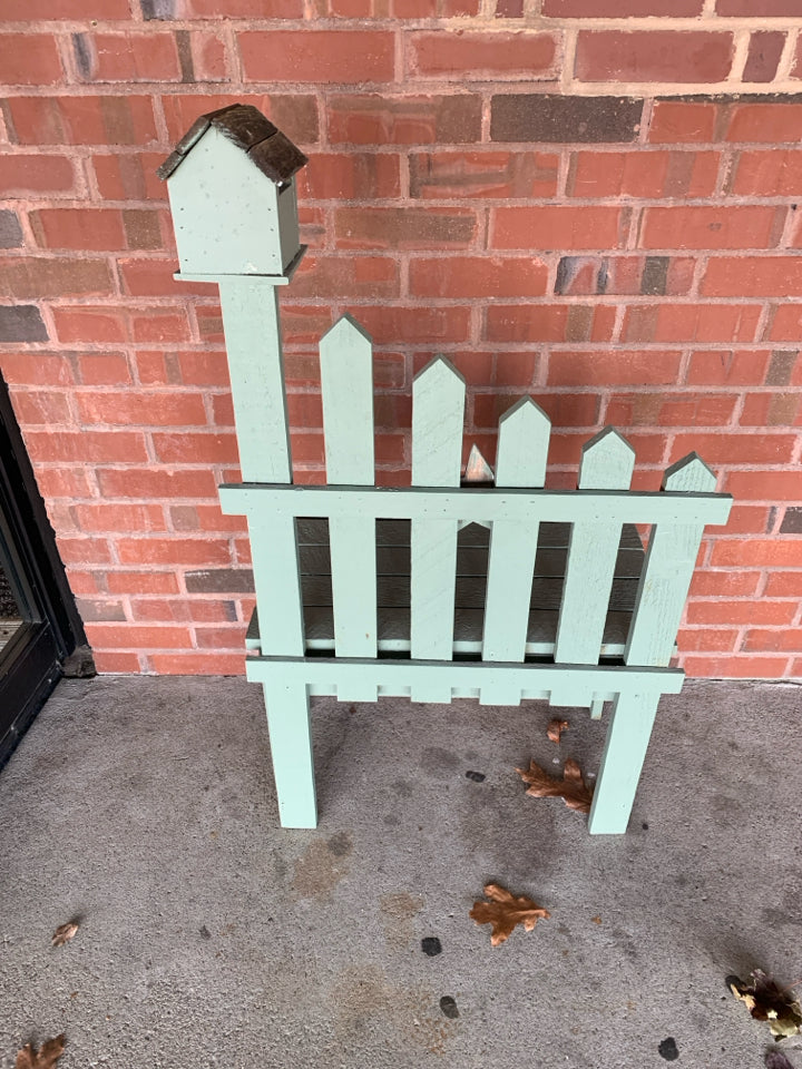 PRIMITIVE TEAL FENCE LIKE GARDEN BENCH W/ SMALL BIRD HOUSE.