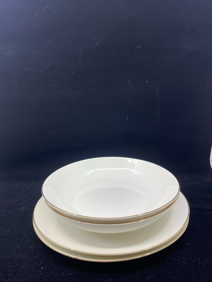 4PC WHITE AND GOLD RIM SERV SET FOR 2- 2 BOWLS 2 PLATES.