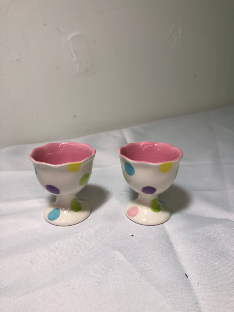 2 PASTEL POLKA DOT EGG CUPS.