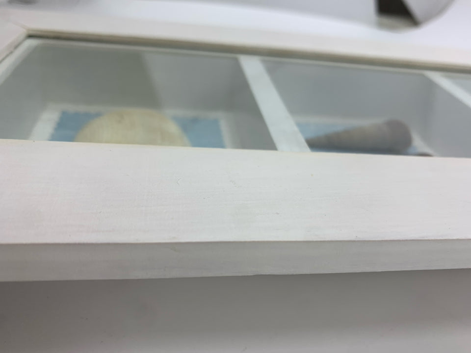 SEASHELL SHADOWBOX IN WHITE WOOD FRAME.