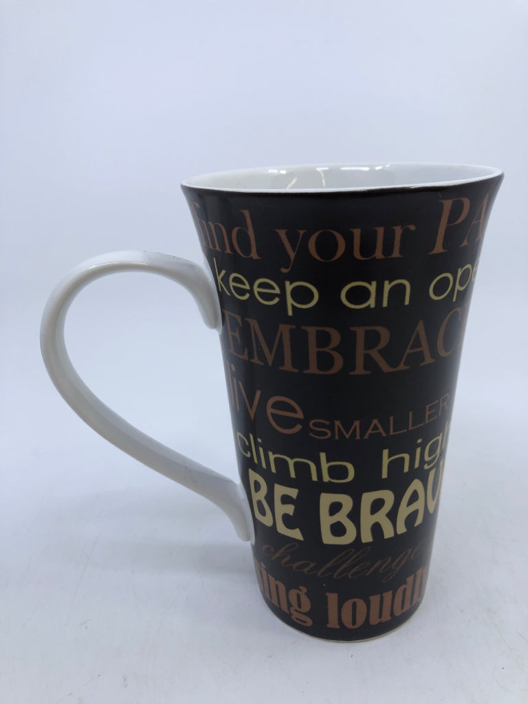 TALL BROWN MUG W/ INSPIRE WORDS.
