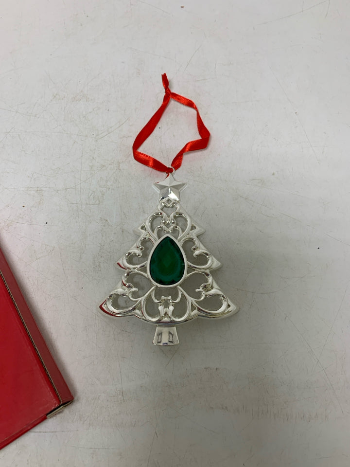 IN BOX LENOX GREEN BEJEWELED SILVERPLATED TREE ORNAMENT.