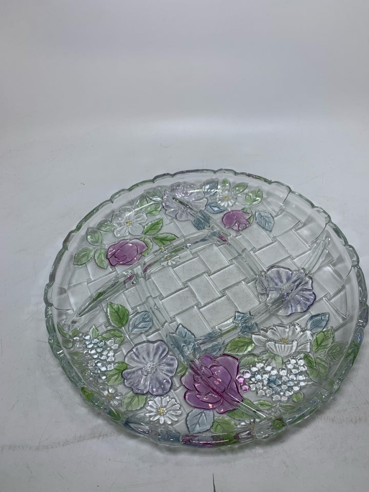 VTG BASKET WEAVE PASTEL FLORAL PATTERN DIVIDED SERVER.