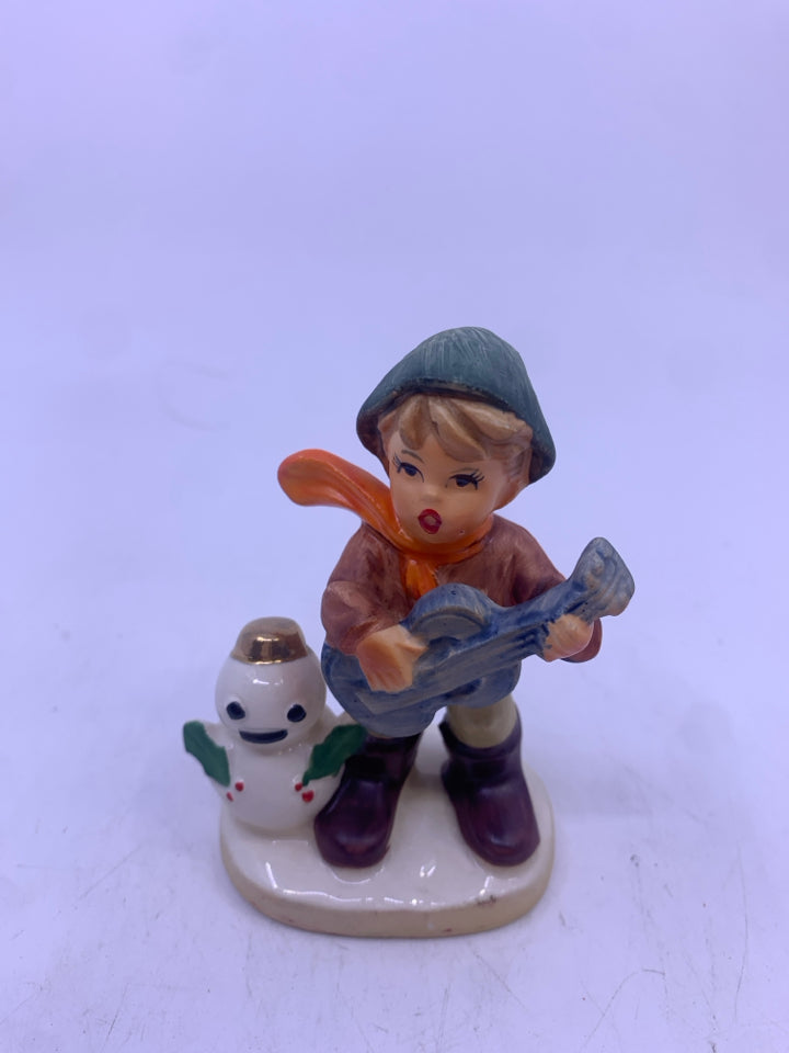 VTG BOY W/ BLUE GUITAR/SNOWMAN FIGURINE.