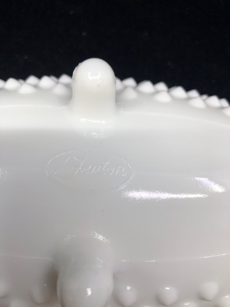 VTG OVAL FOOTED HOBNAIL MILK GLASS DISH.