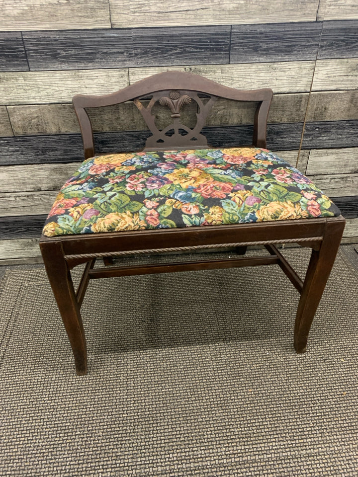 VTG FLORAL UPHOLSTERED VANITY BENCH DARK WOOD.