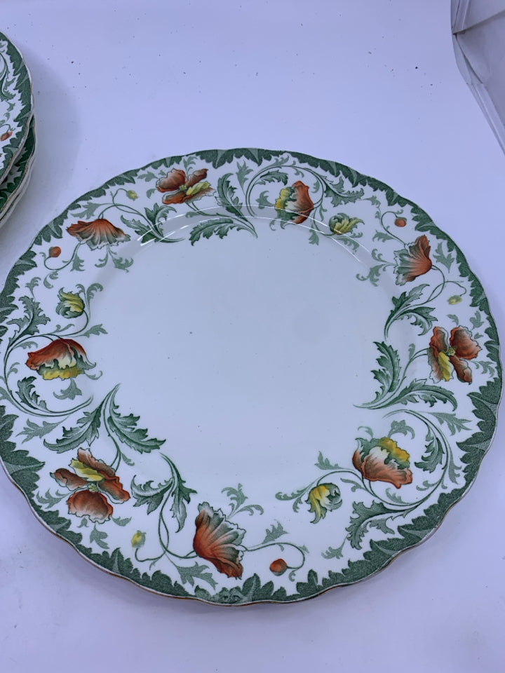 4 VTG GREEN ORANGE POPPIES DINNER PLATES- BURSLEM OPHIR.