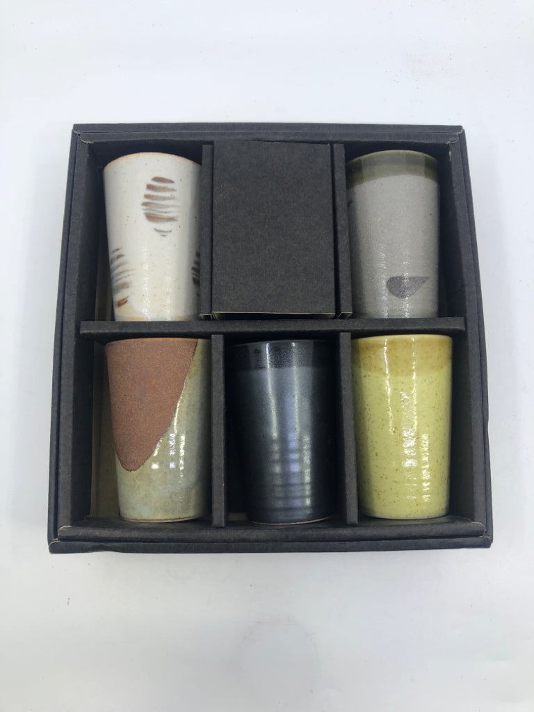 NIB 5 ASIAN POTTERY TUMBLER GLASS SET.