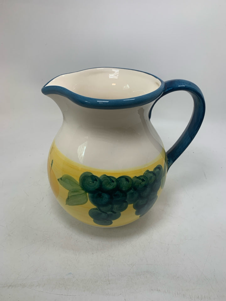 YELLOW BAND W/ GRAPES APPLES CERAMIC PITCHER MADE IN PORTUGAL.