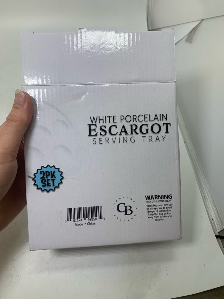 NIB 2 PORCELAIN ESCARGOT SERVING TRAYS.
