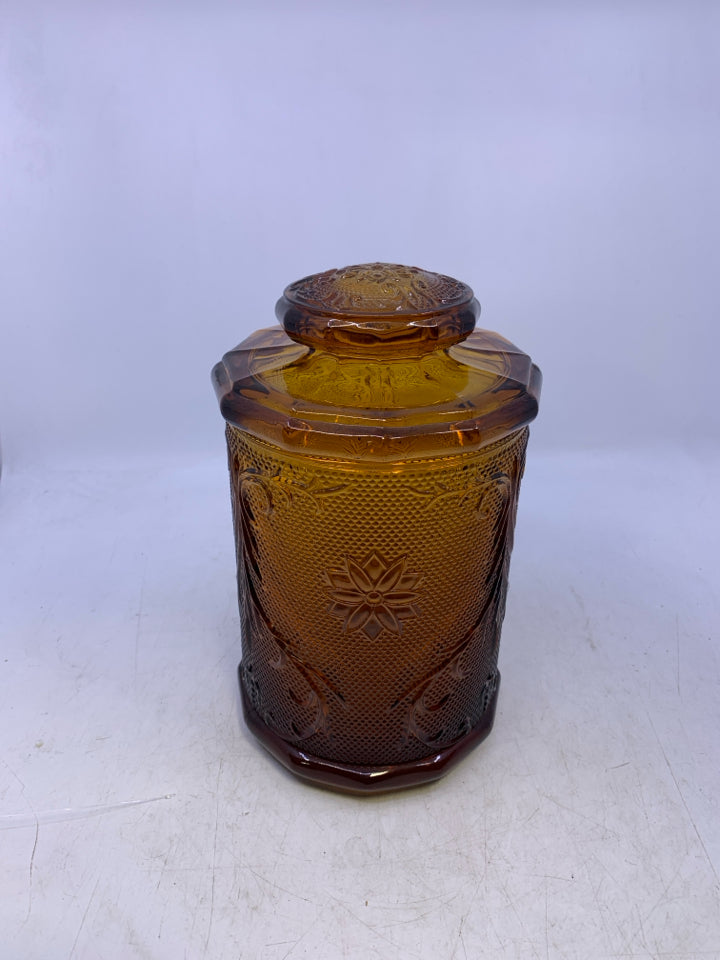 VTG AMBER GLASS TIARA CANISTER.