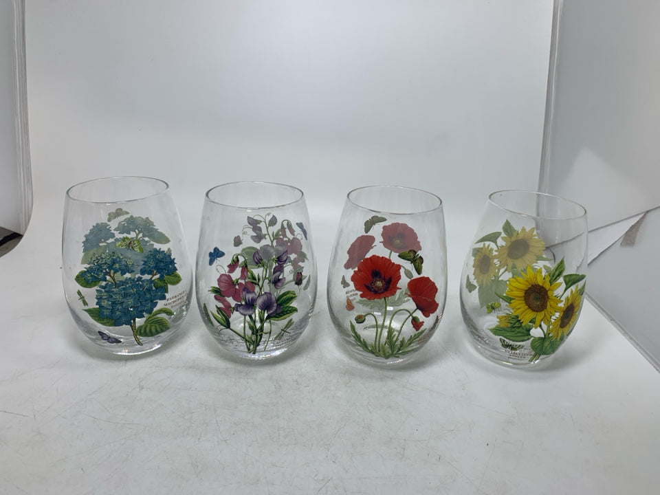 4 BOTANIC GARDEN STEMLESS WINE GLASSES ASSORTED.