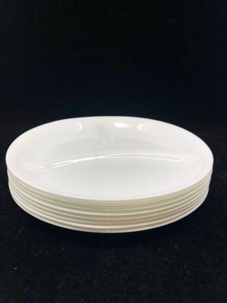 8 CORELLE WHITE DIVIDED LUNCH PLATES.