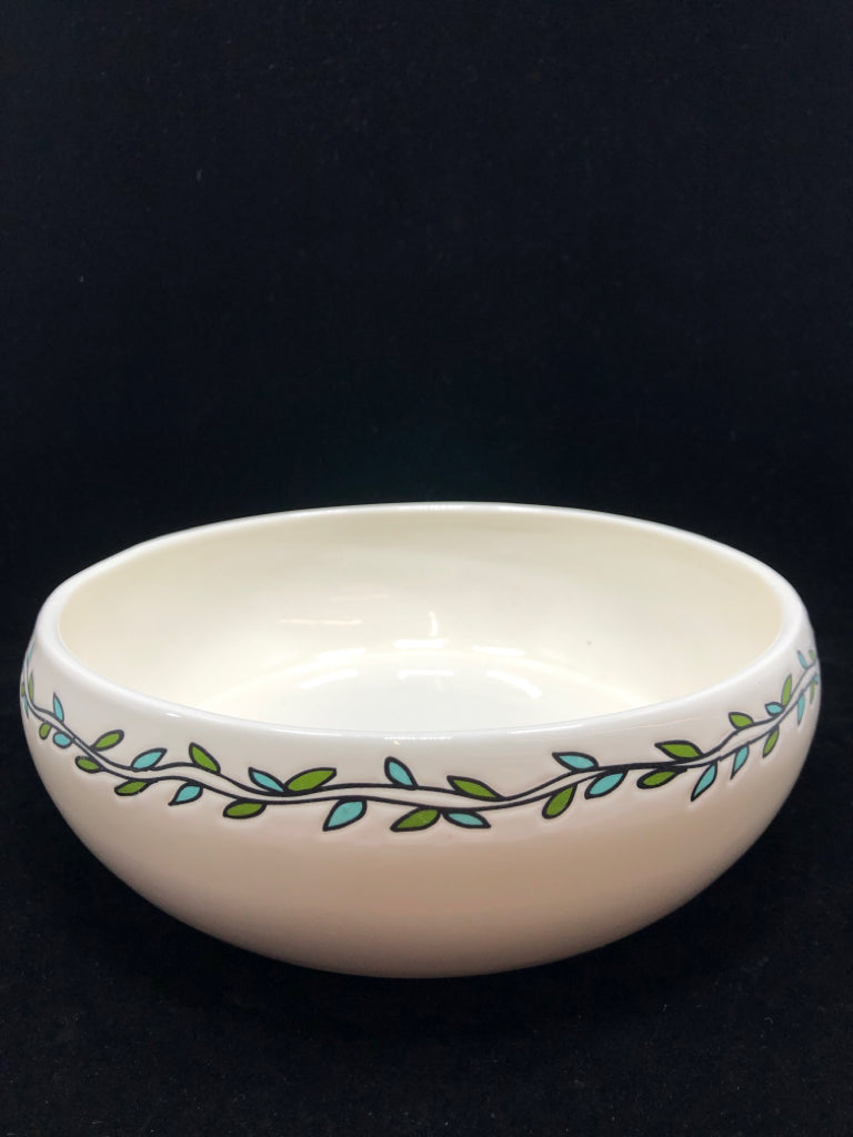 CERAMIC BOWL W/BLUE GREEN LEAF PAINTED RIM.