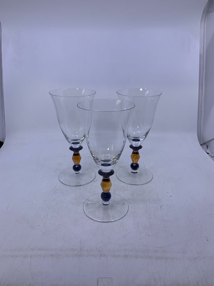 3 IRIDESCENT STEM GOBLETS.