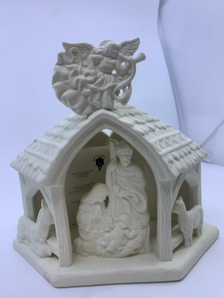 WHITE CERAMIC NATIVITY SCENE TEA LIGHT CANDLE HOLDER.