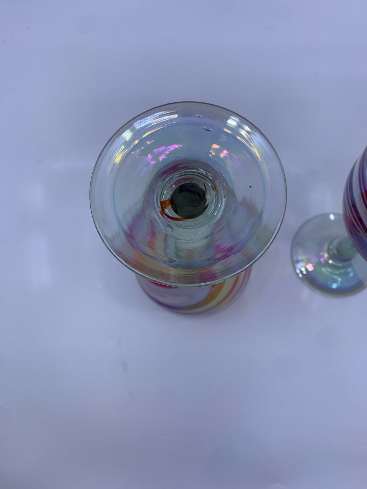 2 RED AND WHITE BLOWN GLASS WINE GLASSES.