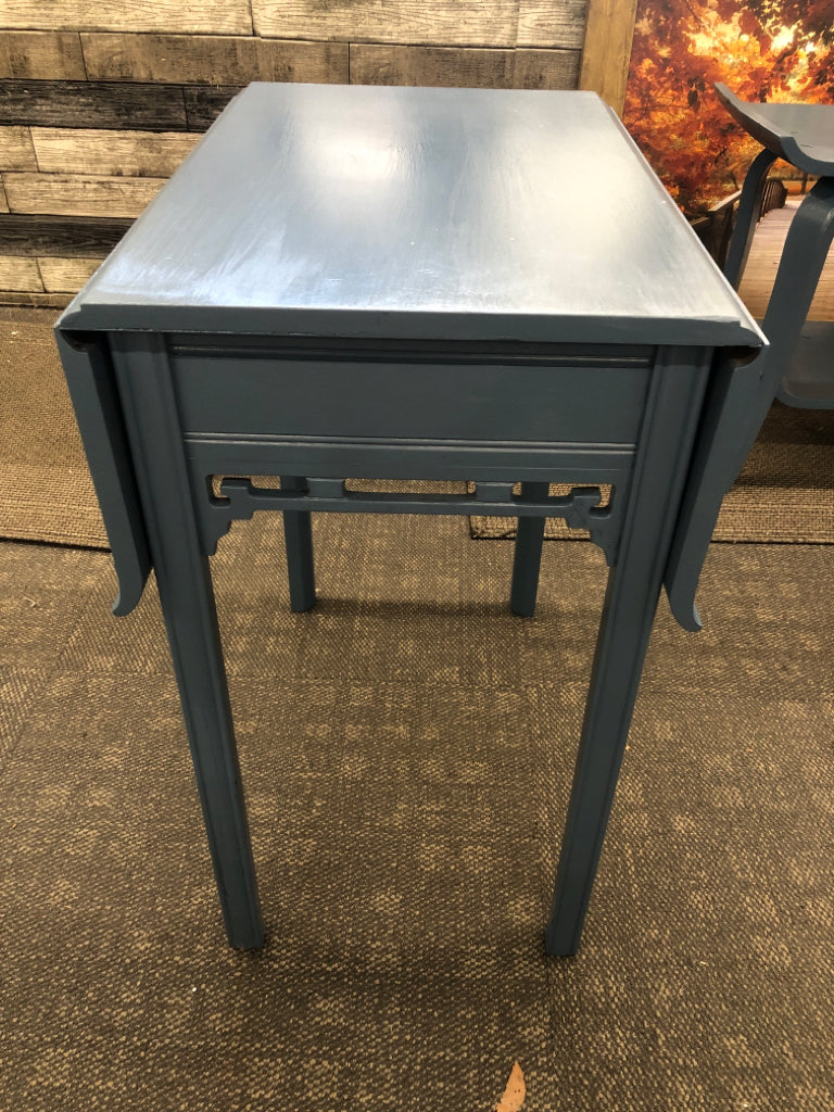 PAINTED BLUE TABLE W/FOLD-UP SIDES & DRAWER.