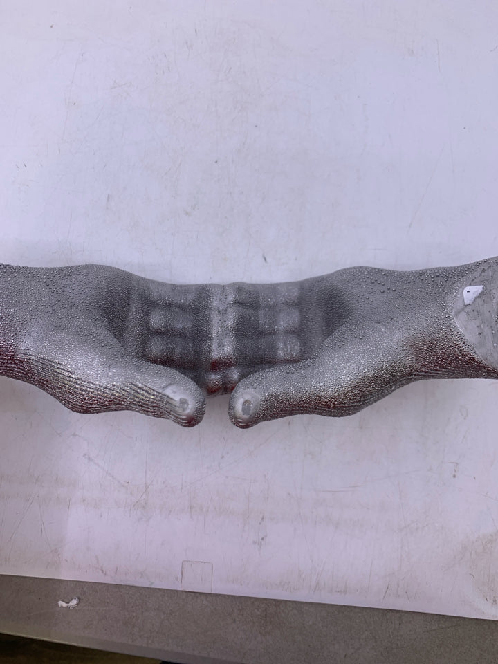 CERAMIC TEXTURED SILVER HANDS MAKING HEART SHAPED.