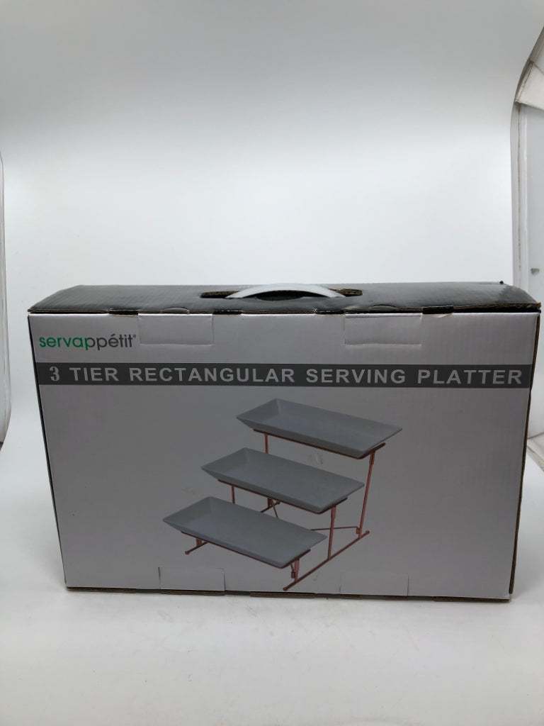 NIB 3 TIER ROSE GOLD RECTANGULAR SERVING PLATTER.