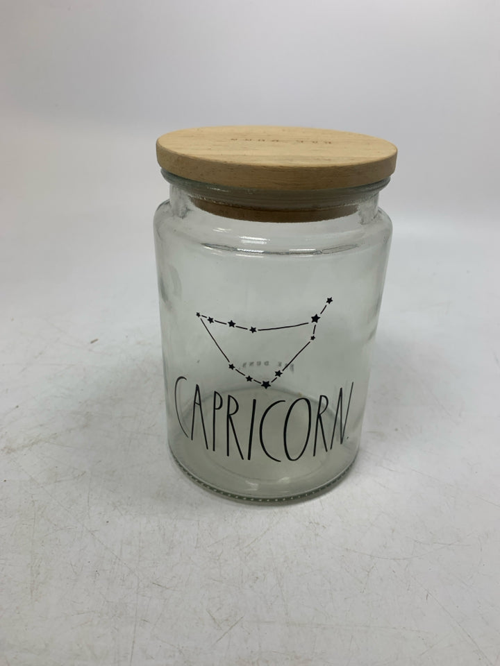 GLASS CAPRICORN CANISTER W/ WOOD LID.