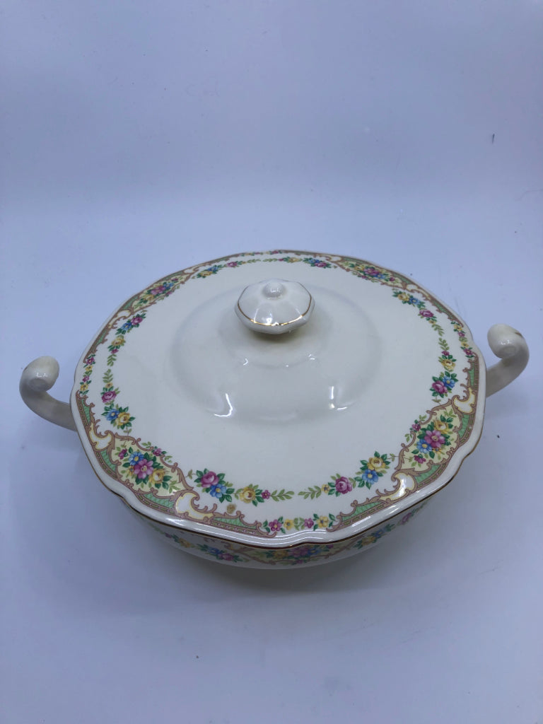 VTG FLORAL/GOLD PATTERN COVERED VEGETABLE DISH.