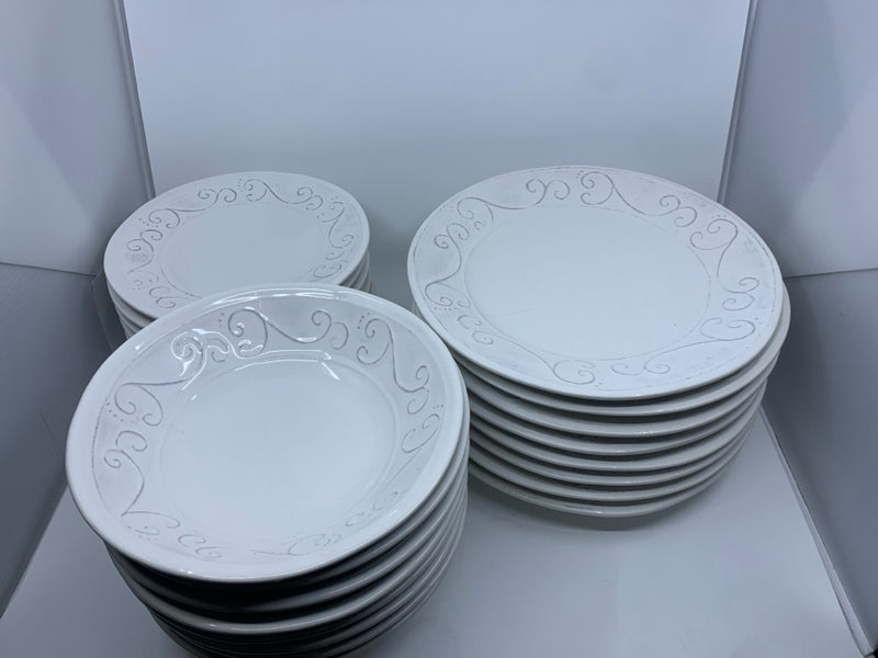 24 PC SET SVC FOR 8 WHITE W/ SCROLL RIM DETAIL MADE IN ITALY.