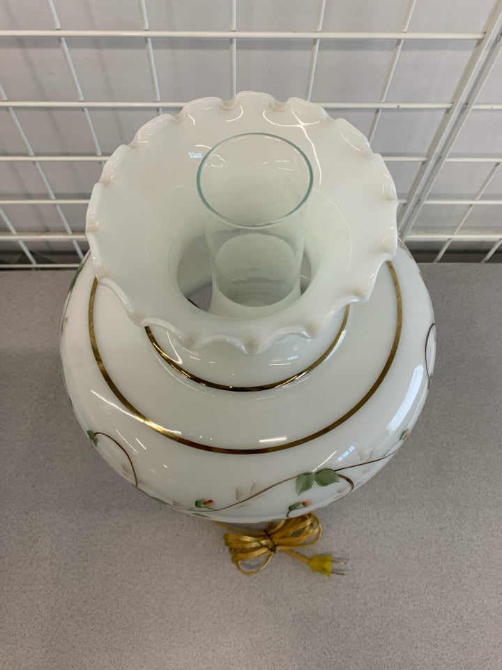VTG MILK GLASS & ROSE HURRICANE PARLOR LAMP.