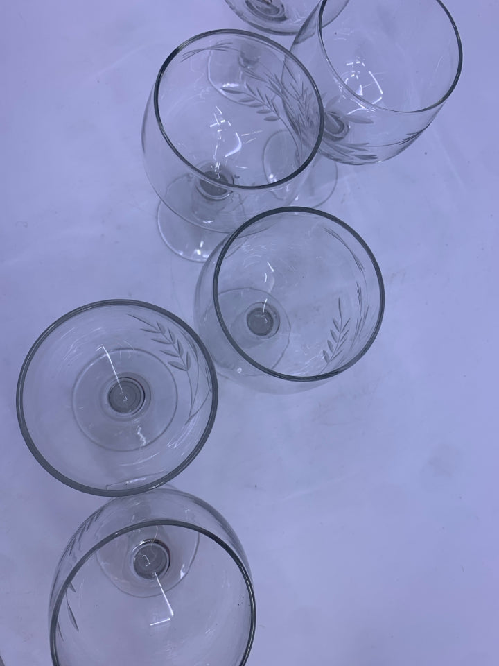 6 VTG  ETCHED WHEAT WINE GLASSES.