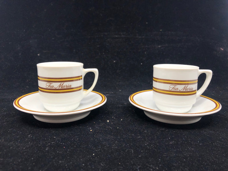 4PC BROWN AND YELLOW STRIPE TIA MARIA ESPRESSO SET - 2 CUPS, 2 SAUCERS.