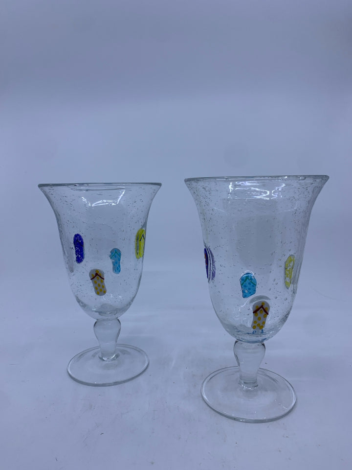 2 BLOWN GLASS GOBLETS W/ EMBOSSED FLIP FLOPS + BUBBLES.