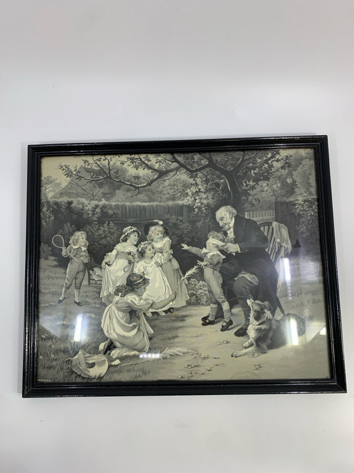 VTG VICTORIAN CHILDREN PLAYING W/MAN FRAMED PRINT.