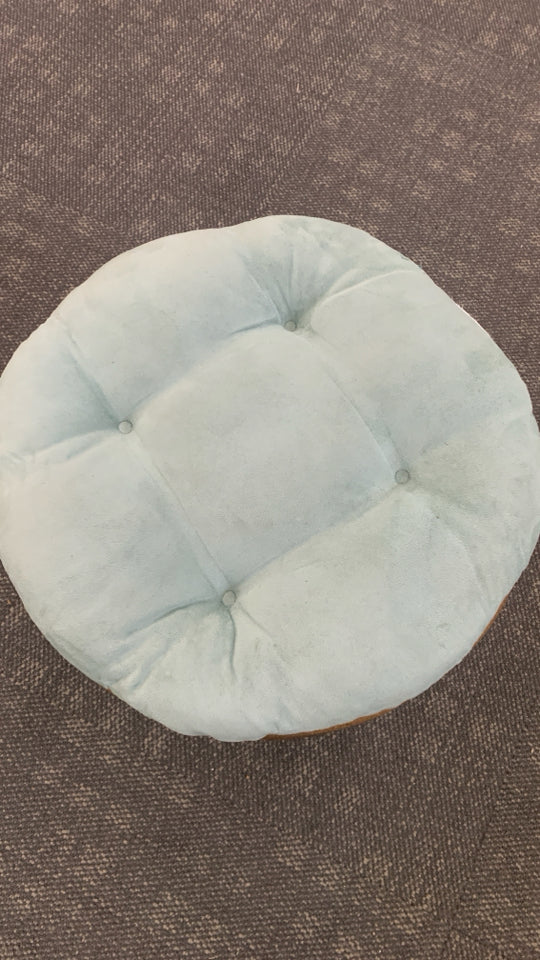 BOHO-STYLE WOODEN STOOL W/BLUE CUSHION.