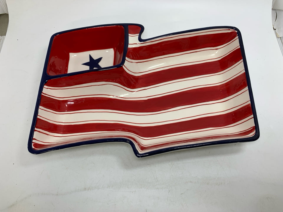 HEAVY FLAG SHAPED PATRIOTIC DIVIDED SERVING DISH.