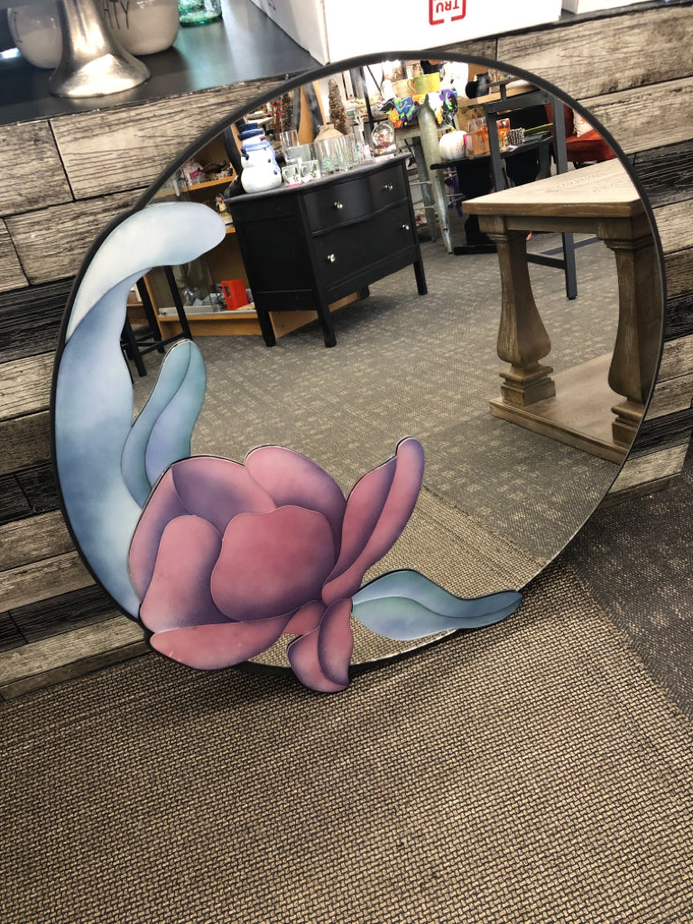 DAVID MARSHALL LARGE ROUND MIRROR W STAINED GLASS TULIP.