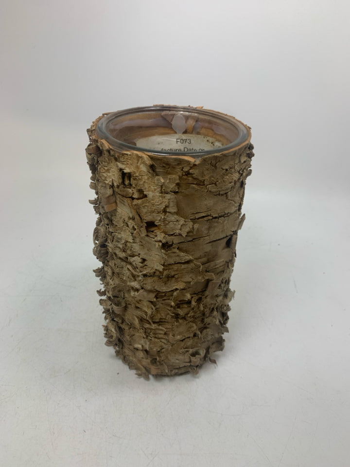 TREE BARK TEXTURED WRAPPED CYLINDER VASE.