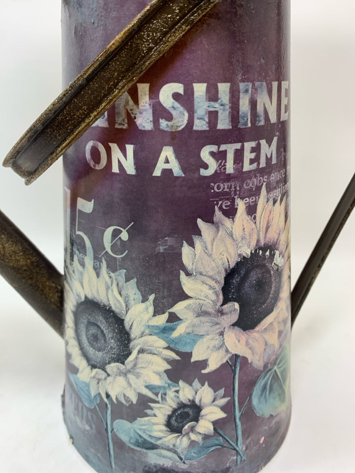 FAUX SUNFLOWERS IN METAL SUNFLOWER WATERING CAN.
