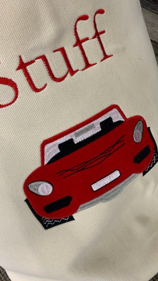 STITCHED RED CAR "STUFF" CLOTH BIN.