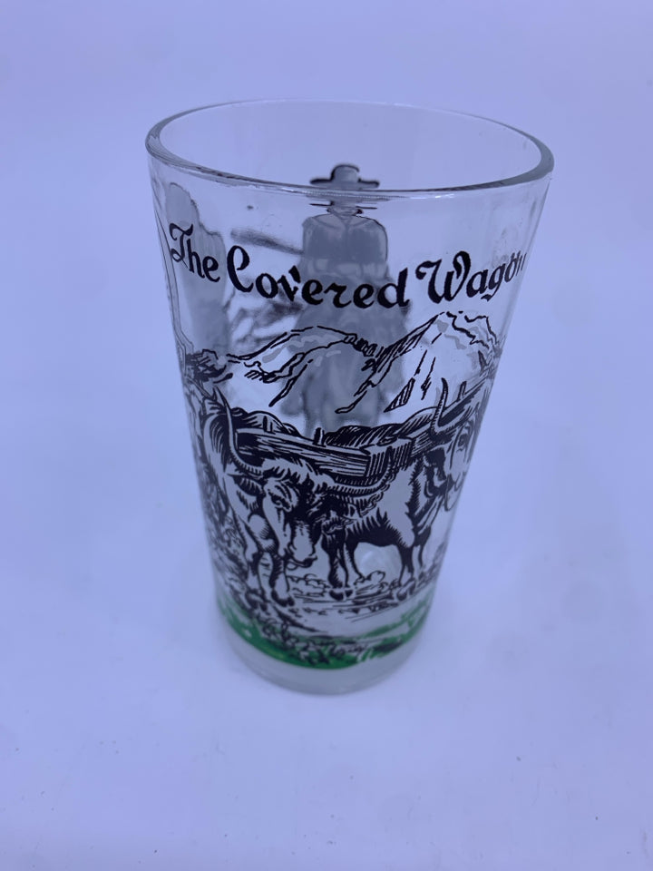 6 VTG TUMBLER GLASSES W SCENES IN GOLD METAL CARRIER.
