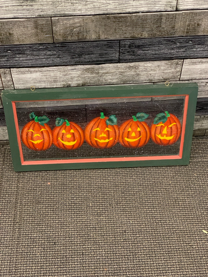 JACK O LANTERNS PAINTED GLASS IN GREEN WOOD FRAME.