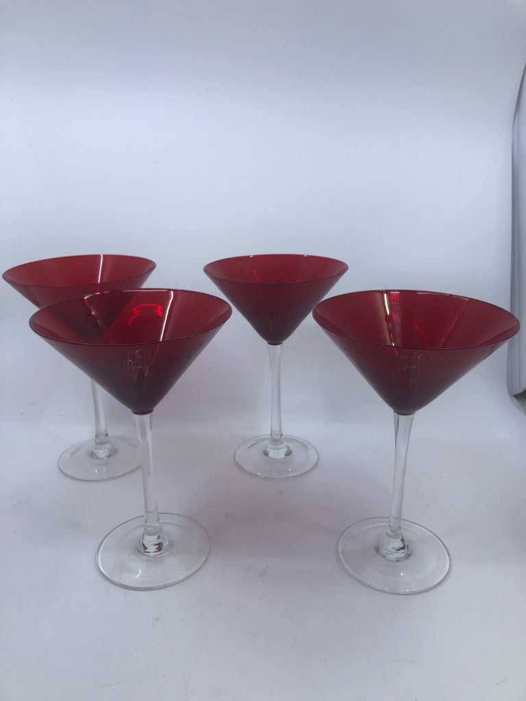 4 BRIGHT RED MARTINI GLASSES.
