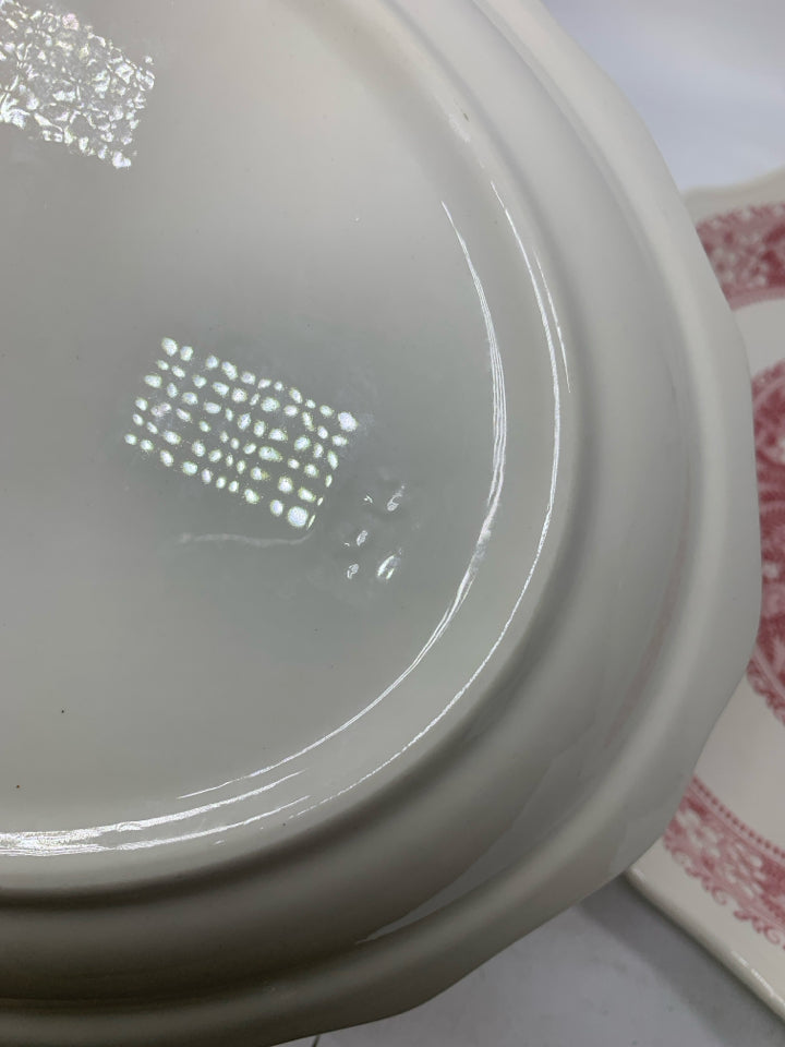 2 VTG OVAL RED DETAILED SHALLOW SERVING BOWLS.