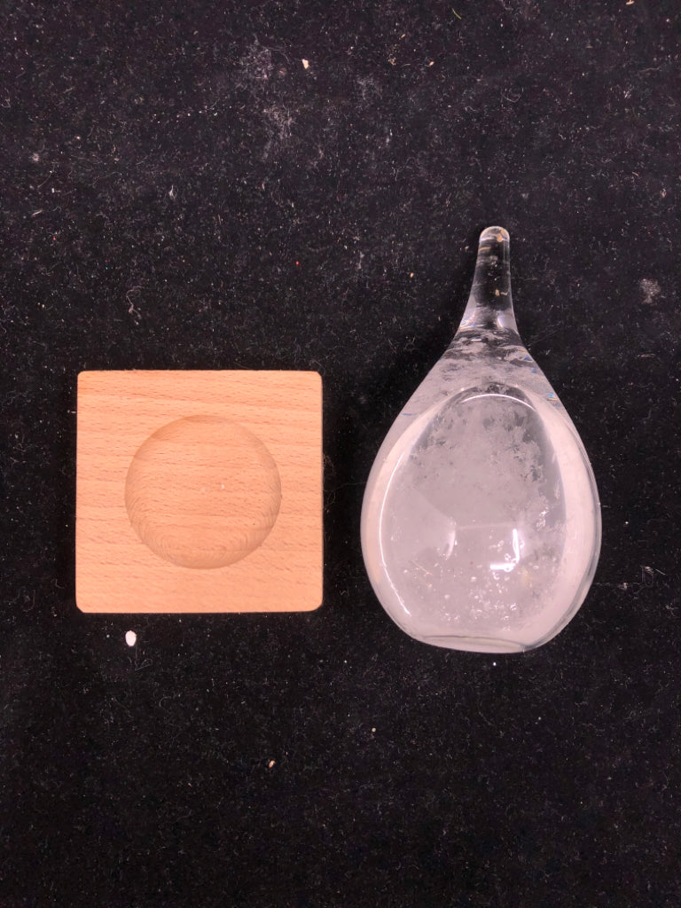 WATER DROP BAROMETER ON WOOD STAND.