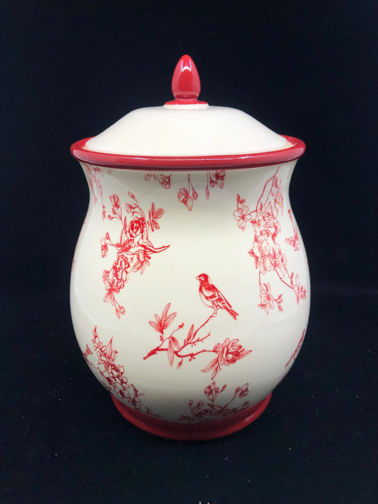 RED CANISTER W FLORAL AND BIRDS.