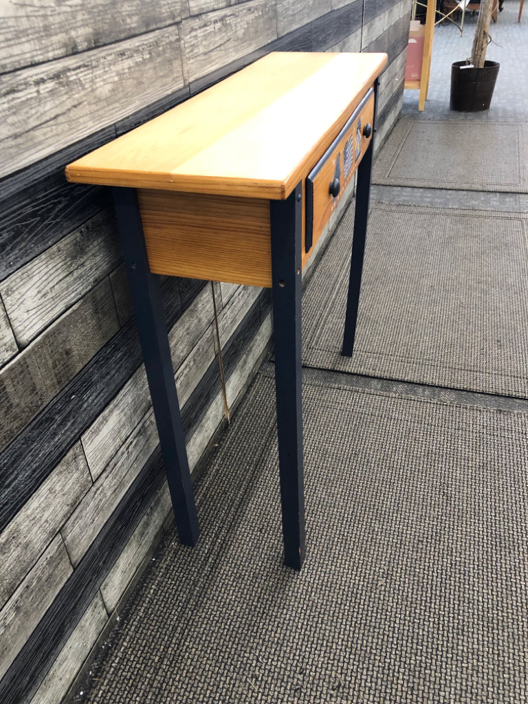 WOOD FLAG+ BIRDHOUSE CONSOLE TABLE W-BLUE LEGS.