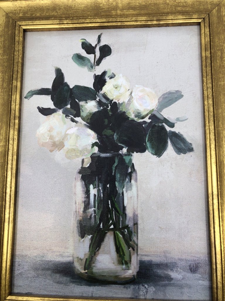 WHITE ROSES IN CLEAR VASE WALL ART W/ GOLD FRAME.