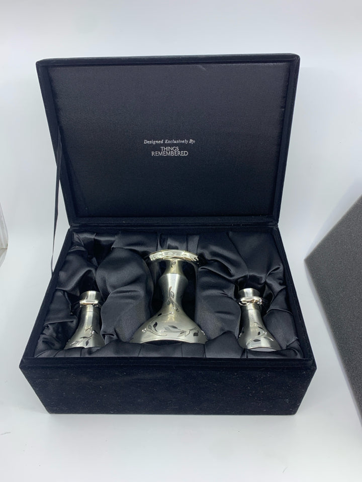 3PC SILVER UNITY CANDLE STICKS FLORAL CRYSTAL DESIGN IN BLACK VELVET BOX.